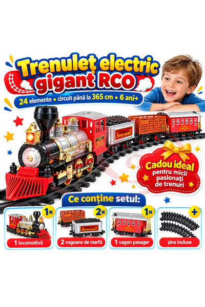RCO Trenulet electric gigant cu sine, sunete, lumini si vapori de apa, 24 elemente, 365 cm
