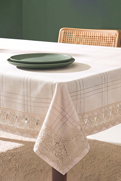 Rivaİstanbul Cream Linen Effect Stain-Resistant Tablecloth 150X220 cm