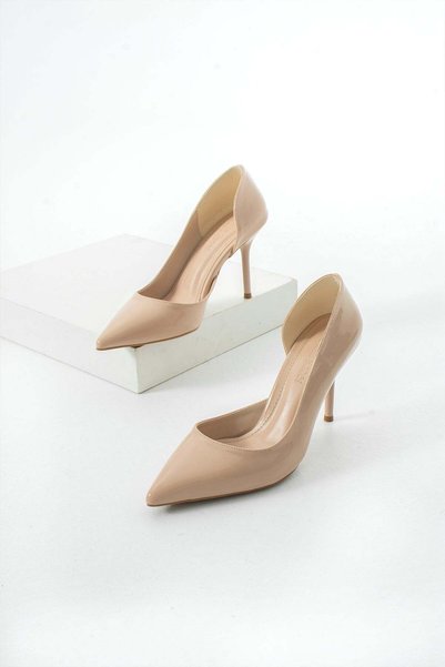 Güllü Shoes Beige Patent Leather Stiletto Open Side Pointed Toe Thin Heeled Women's Heeled Shoes Wedding Invitation Graduation