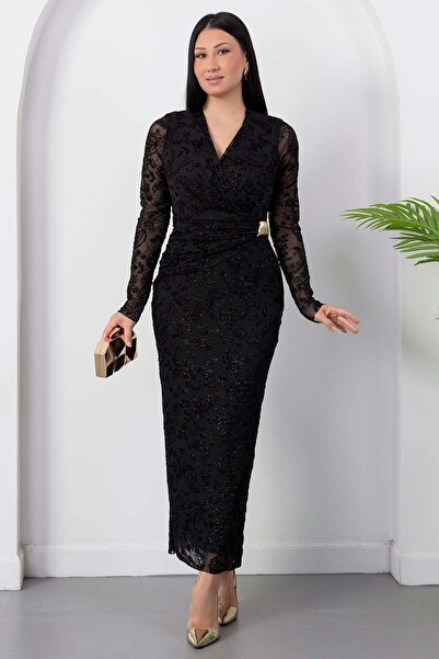 PULLIMM Double-Breasted Collar Buckle Glittery Long Sleeve Dress Grs4169