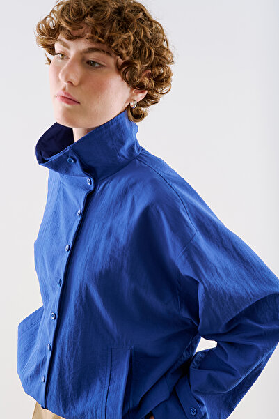 Manuka Technical Fabric Buttoned Bomber Jacket Blue