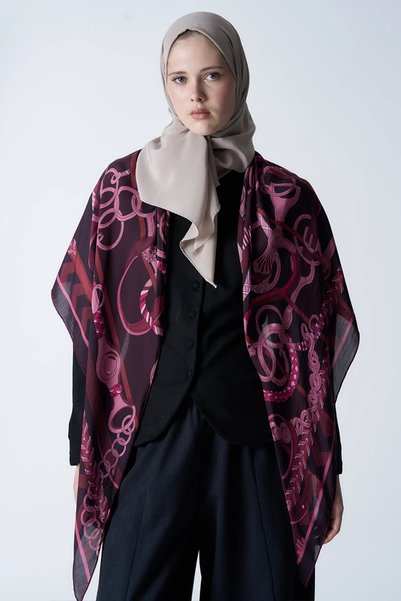 ED Scarf Viscose silk triangle shoulder shawl chain pattern - plum