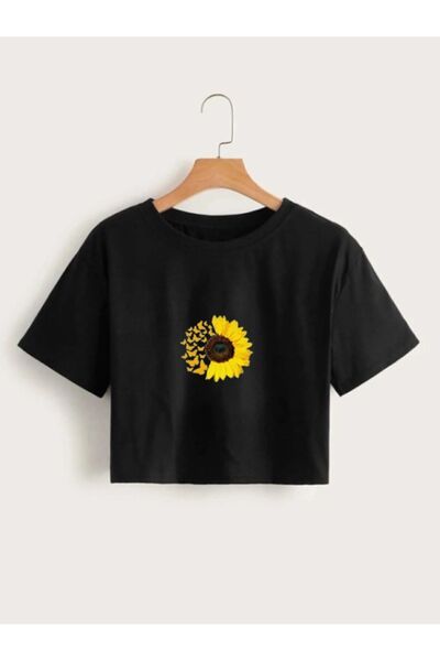 luci sports Γυναικείο Tshirt Black Daisy Printed Crop