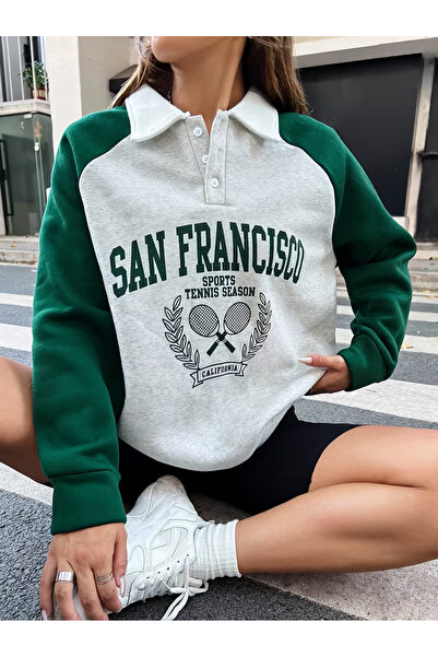 Machetta Unisex Polo Collar San Francisco Printed Raglan Sleeve Sweatshirt