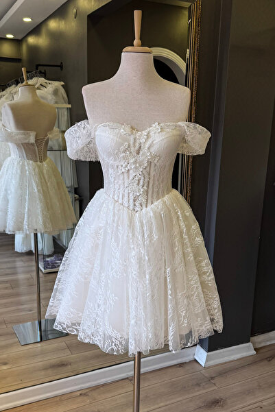 Lenta Moda Beyaz Lez Dantel Mini After Parti ve Nikah Elbisesi