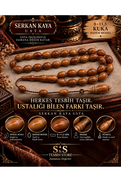8x11,5 mm Doğal Kuka Badem Model Usta İşçiliği Tesbih