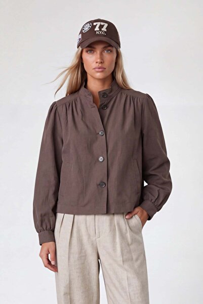 Trend Alaçatı Stili Women's brown stand collar lined short trench coat alc-x1...