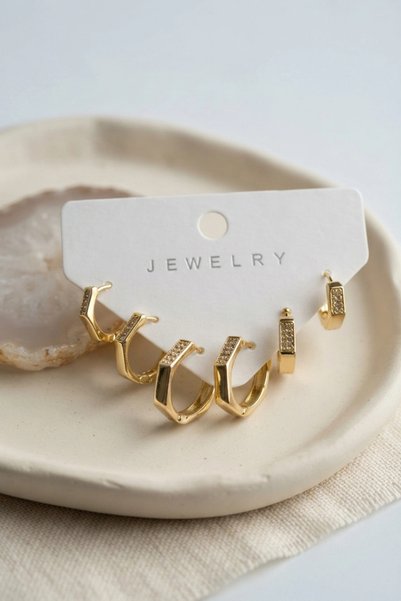 Lovesta Home Honeycomb Model Gold Color Zircon Stone Brass Women's Earring Se...