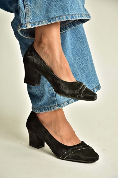 Fox Shoes Z820054104 Black Fabric Thick Heeled Women's Shoes