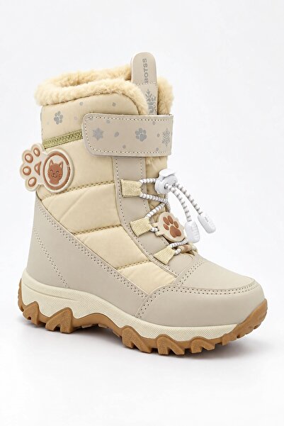 LETAO Girl's Beige Cat Figured Velcro Fur Non-Slip Thermal Snow Boots and Win...