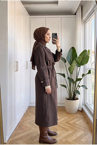 Kirazca Butik Women's Double-Breasted Collar Belted Long Trench Coat with Met...