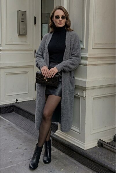 onno style women Angora Beard Yarn Long Women's Cardigan