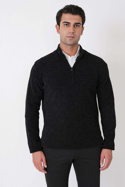 Efor Comfort Fit Zippered Half Turtleneck Ribbed Black Knitwear Tr 897