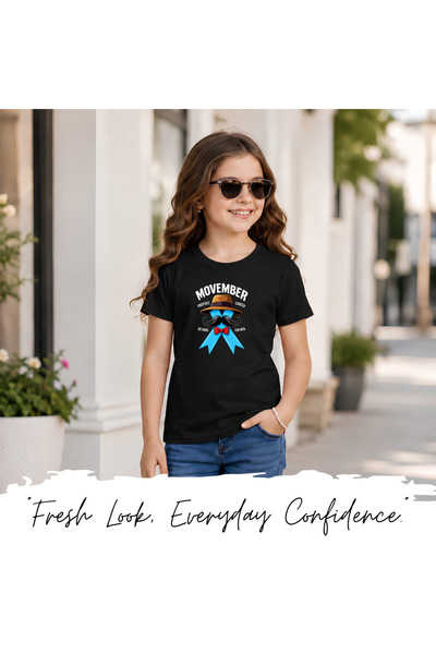 PRINTSHOP4ME Movember Kids Girls T-Shirt–Moustache Design To Raise Awareness–Soft Cotton Round Neck Short Sleeve T-Shirts For Girls-Ideal For Movember