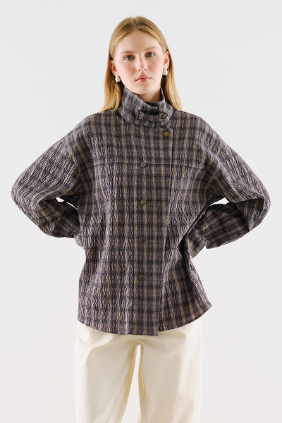 Manuka Plaid Patterned Stand-Up Collar Shirt Gray