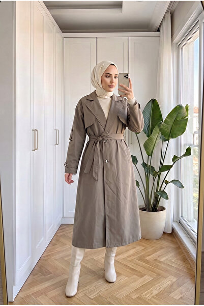 Kirazca Butik Women's Double-Breasted Collar Belted Long Trench Coat with Met...
