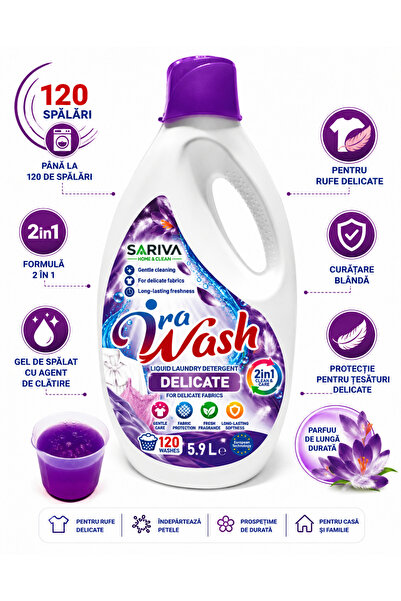 Ira Wash Detergent Lichid Delicate 5,9 L – 120 Spălări, 2 în 1 pentru Rufe De...