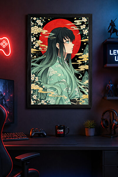 Charmbi Poster Demon Slayer cu ramă din lemn negru, imprimare digitală premiu...
