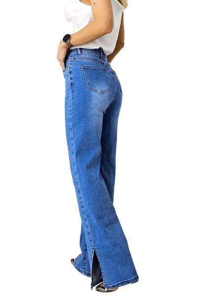 FY FashionForYou Blugi MonTery mom fit, cu șliț scurt la picior și lungime oversize, Albastru spălăcit, Mărimea 36