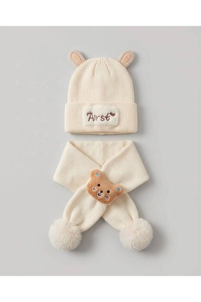 EFEYOO 2-8 Years Old Unisex Double Pompom Bear Scarf and Beanie Set Knitted Winter Scarf and Beanie Set with Ears