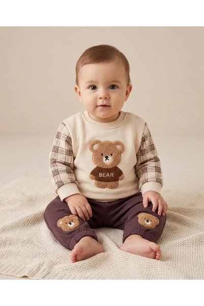 EFEYOO 2-Piece Baby Boy Bear Embroidered Cotton 3-Threaded Baby Set 6-9-9-12 12-18-24 Months Top and Bottom 2-Piece Newborn Baby Set Winter Set