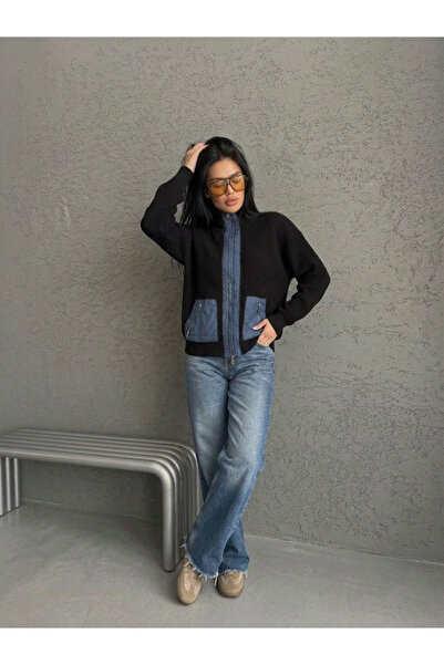 Denim Detaylı Fermuarlı Triko ✨ Şık • Modern • Günlük kullanıma uygun