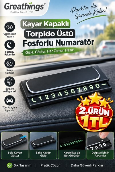 Greathings Siyah Kayar Kapaklı Fosforlu Araç Park Telefon Numaratörü Torpido Üstü