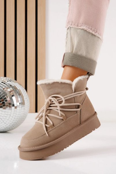 Zaira Women's short fur-lined Ug-type boots in khaki genuine suede Leather Fr...