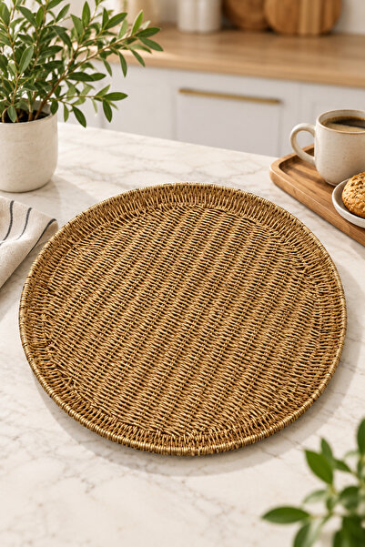 NOKKA 35 cm Yuvarlak Hasır Tepsi – Dekoratif Rattan Görünümlü Sunum Tepsisi –...