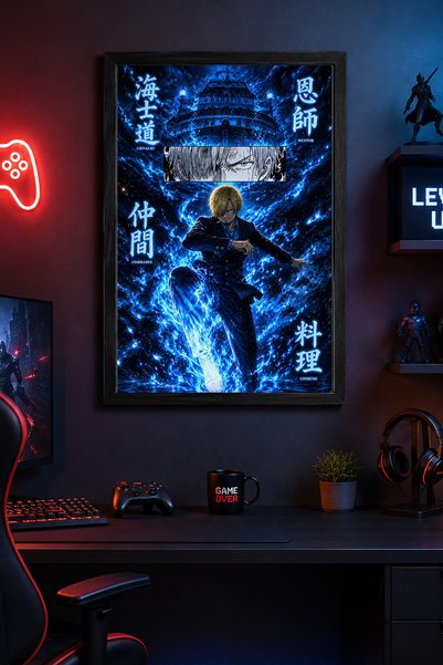 Charmbi Poster One Piece Sanji cu ramă din lemn negru, imprimare digitală pre...