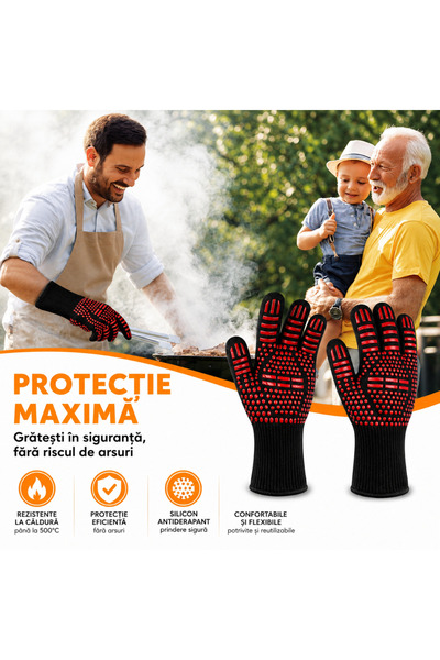 Simply Joy Mănuși rezistente la căldură pentru grătar și cuptor Simply Joy, rezistență până la 500 de grade. ° C, silicon antiderapant, protecție pentru mâini și încheieturi, flexibil, mărime universală, 2 bucăți, Negru/Roșu