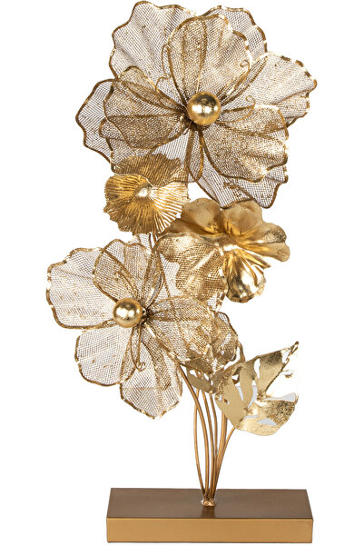 Herdekora Dekoratif Metal Çiçekli Biblo Masa Süsü Gold 32x65 Cm.