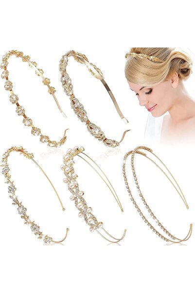 SYOSI 5 Pieces Rhinestones Headbands, Flower Leaves Crown Headband Gold Weddi...