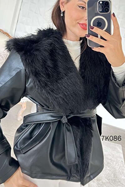 İnce Topuk Fur Collar Belted Leather Coat 7K086