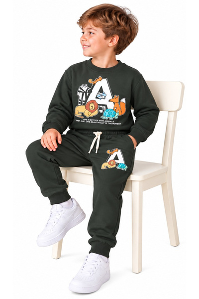 İrem Çocuk Giyim Boy's a Letter Cute Animals Themed Khaki Color Tracksuit Set