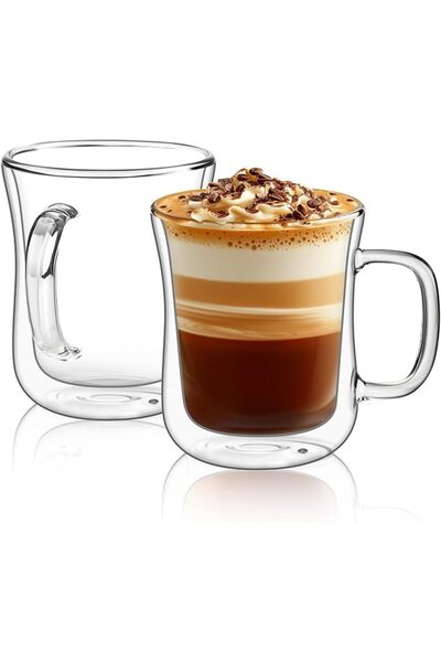 NALACAL Glass coffee cups 12 oz with handle, latte cup Set of 2, Double Walle...