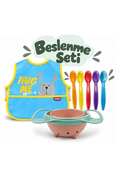 Bebek Beslenme Seti 7 Parça | Mama Kabı | Büyük Poli Muşamba Mama Önlüğü | 5'li Mama Kaşığı Seti