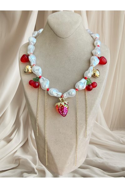 Dore Collection Zr Model Strawberry and Heart Figured, Pendant Chain Pearl Ne...