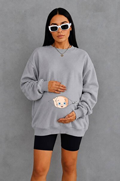 BENROMA 3 Yarn Combed Cotton Zippered Maternity Sweatshirt with Baby Print In...