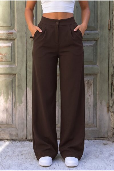 alanora Brown High Waist Loose Fit Fabric Trousers with Pockets