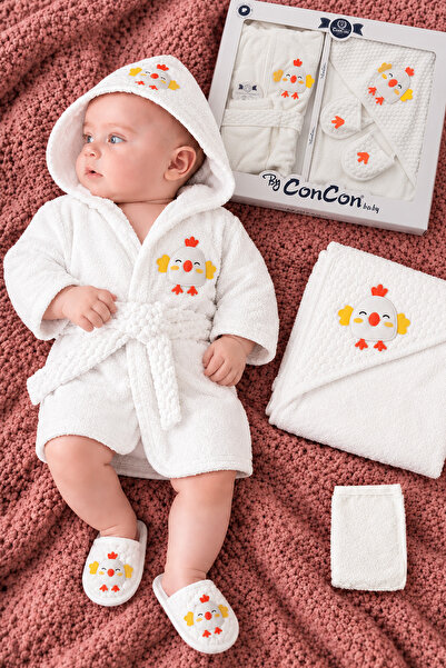 Rocha Baby Premium Bebek Ekru Civciv Figürlü Organik Petek Bornoz ve Havlu Seti