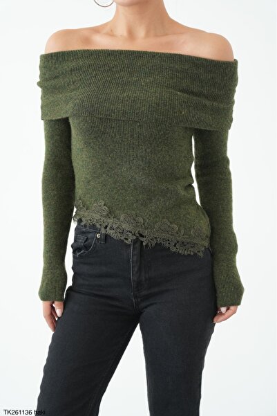 Lupies Women's Madonna Collar Lace Detailed Knitwear Sweater