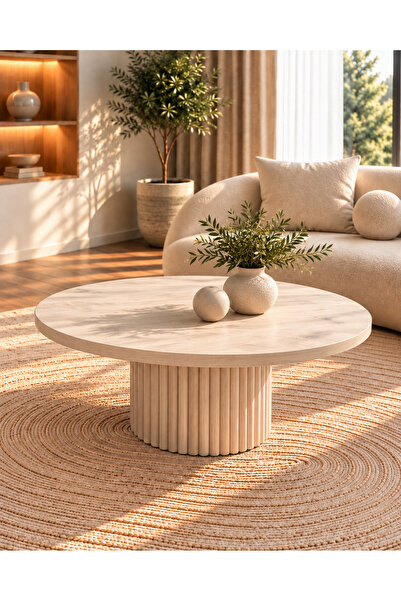 indes home Mona, Yuvarlak 70cm çapında Beyaz Renk Ahşap Orta Sehpa