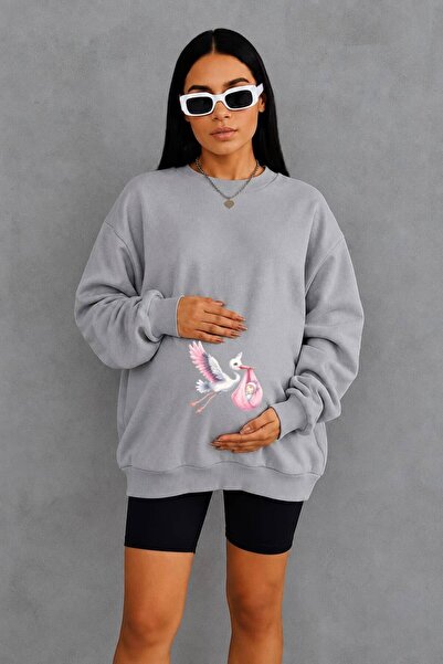 BENROMA 3 Yarn Combed Cotton Baby-Praying Stork Printed Maternity Sweatshirt Jw1