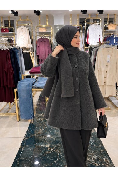 Butik Gri Kürklü Atkılı Panço Modelimiz