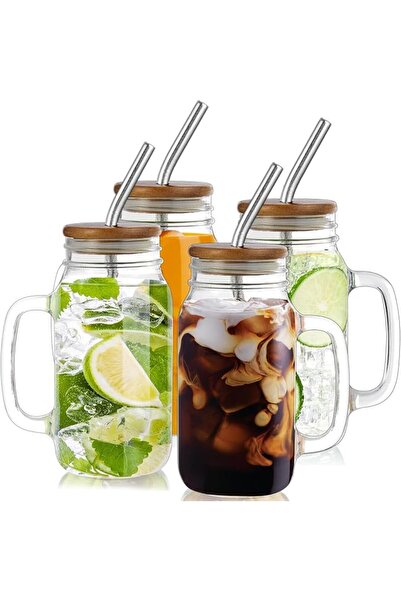 jaffiust 24oz Iced Coffee Cups Set of 4, Mason Jar Cups, Glass Cups with Lids...