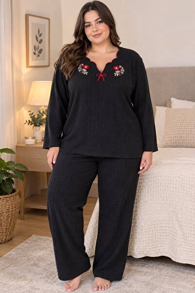 BALİS PİJAMA Kadın Büyük Beden Kaşkorse Pijama Takımı Çiçek Nakışlı Fiyonk De...