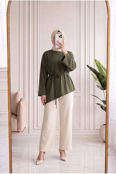 Holehola Bedriye Asymmetric Tunic-Mf1936 Khaki
