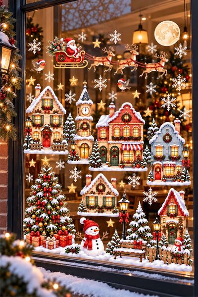 Piksel Grafik Snowy New Year Houses Design Santa Claus Set Wall and Glass Sticker Set - New Year Children's Room Window Sticker