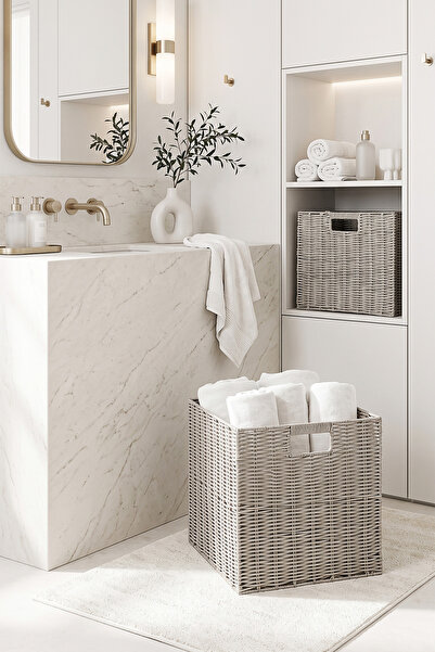 Ocean Home Textile 2'li Yıkanabilir Gri PP Rattan Dolap İçi Çamaşır Çocuk Odası Oyuncak Düzenleyici Saklama Sepeti Organizer 33x33x33